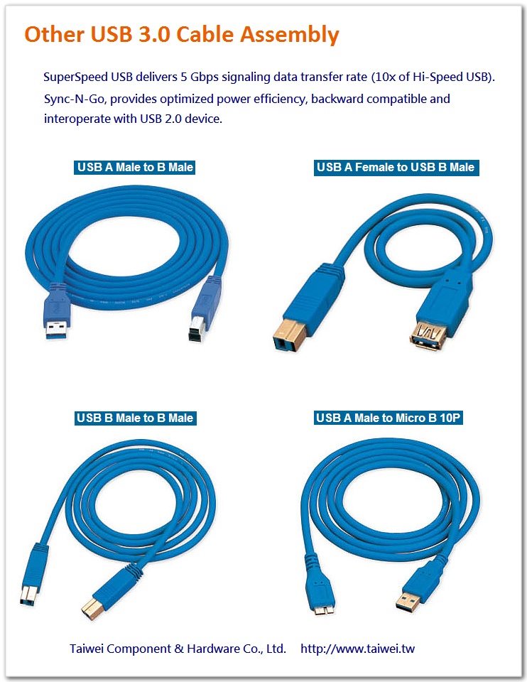 USB 3.0 A Type & B type,  Male, Female,  Micro-B 10P