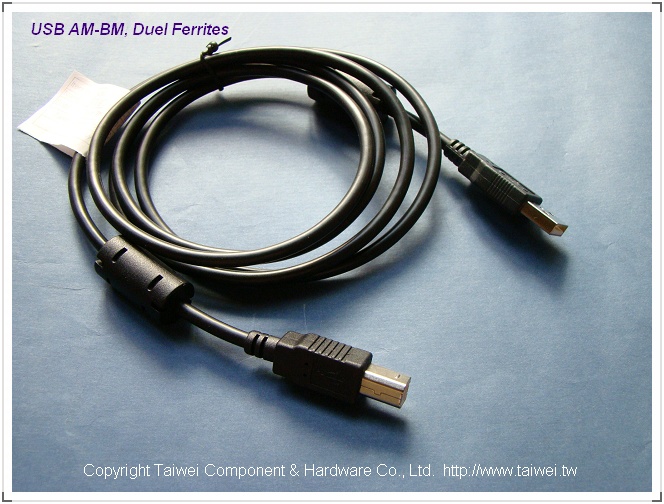 USB A type male connector to B type male connector, 2 EMI Cores (ferrites)