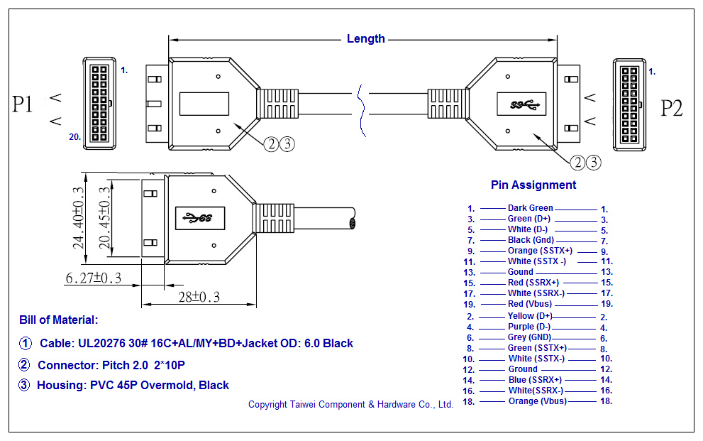 USB 3.0 Internal Cable with 20-pin/way Housing (connecting above module to PCB)
